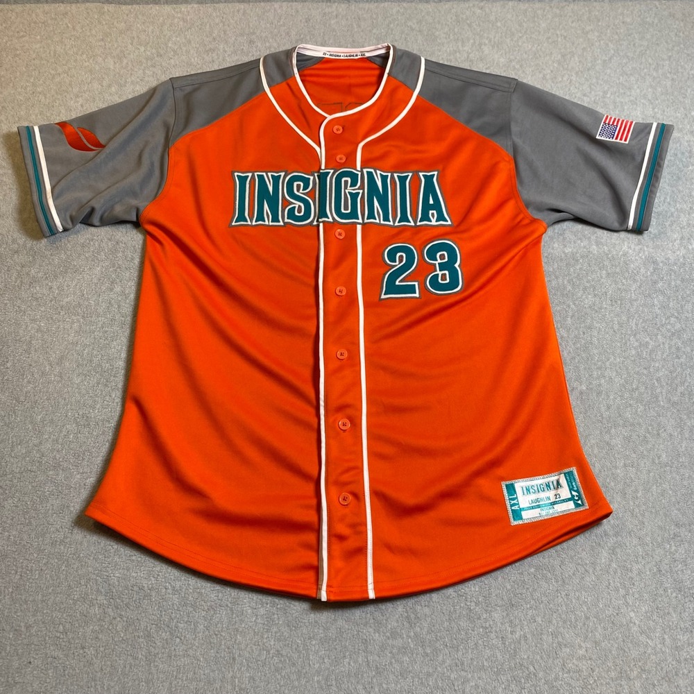 Insignia Baseball Jersey Mens‎ XL Orange Gray Laughlin 23 Button Up Athletic EUC